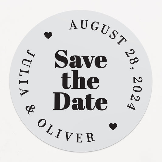 Chic 'Save the Date' round sticker with hearts and customizable date and names in foiled text