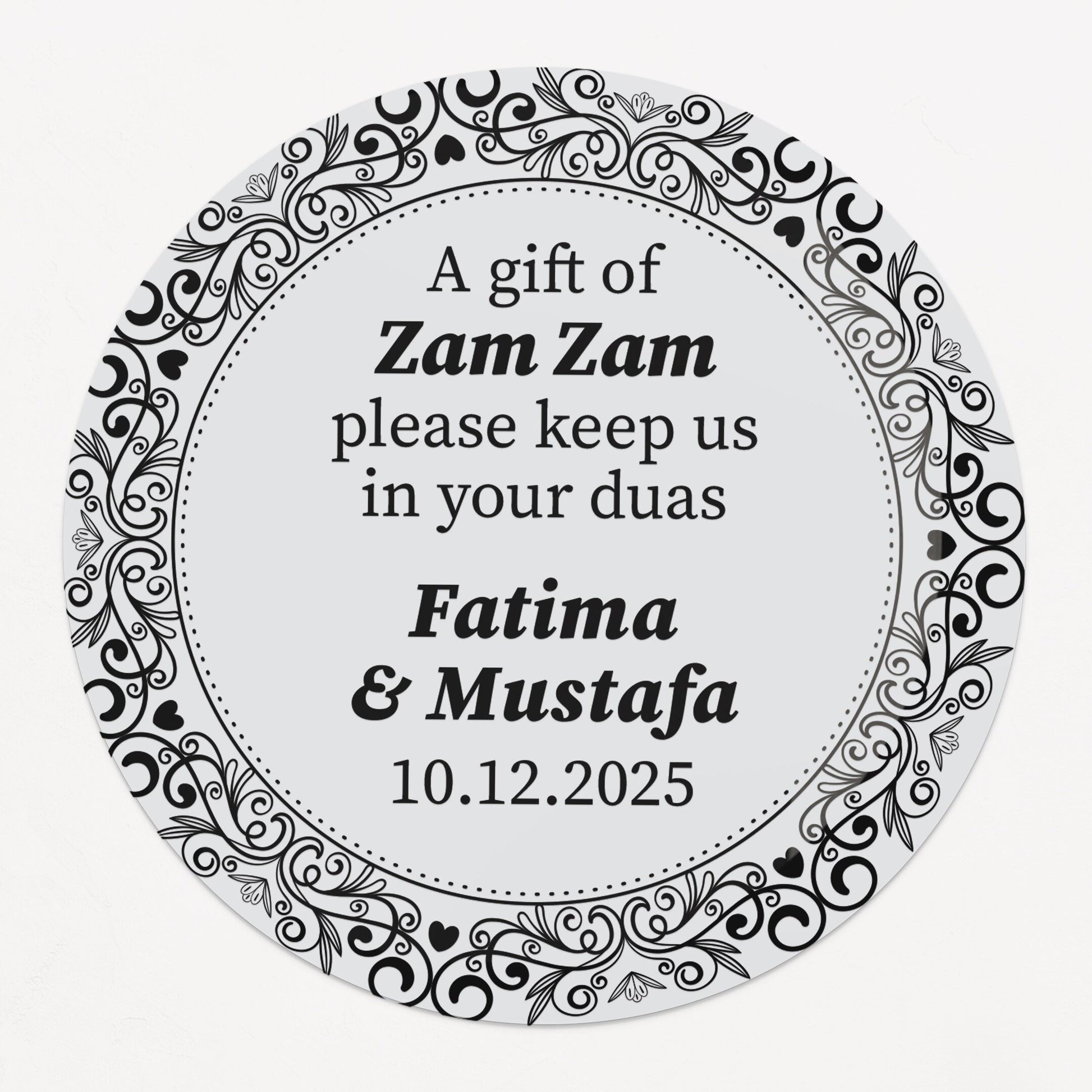 Personalized gold-foil Zam Zam water gift sticker with names and event date