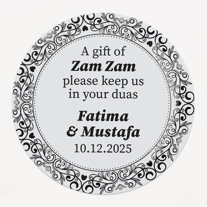Personalized gold-foil Zam Zam water gift sticker with names and event date
