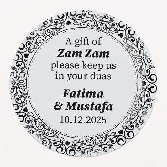 Personalized gold-foil Zam Zam water gift sticker with names and event date