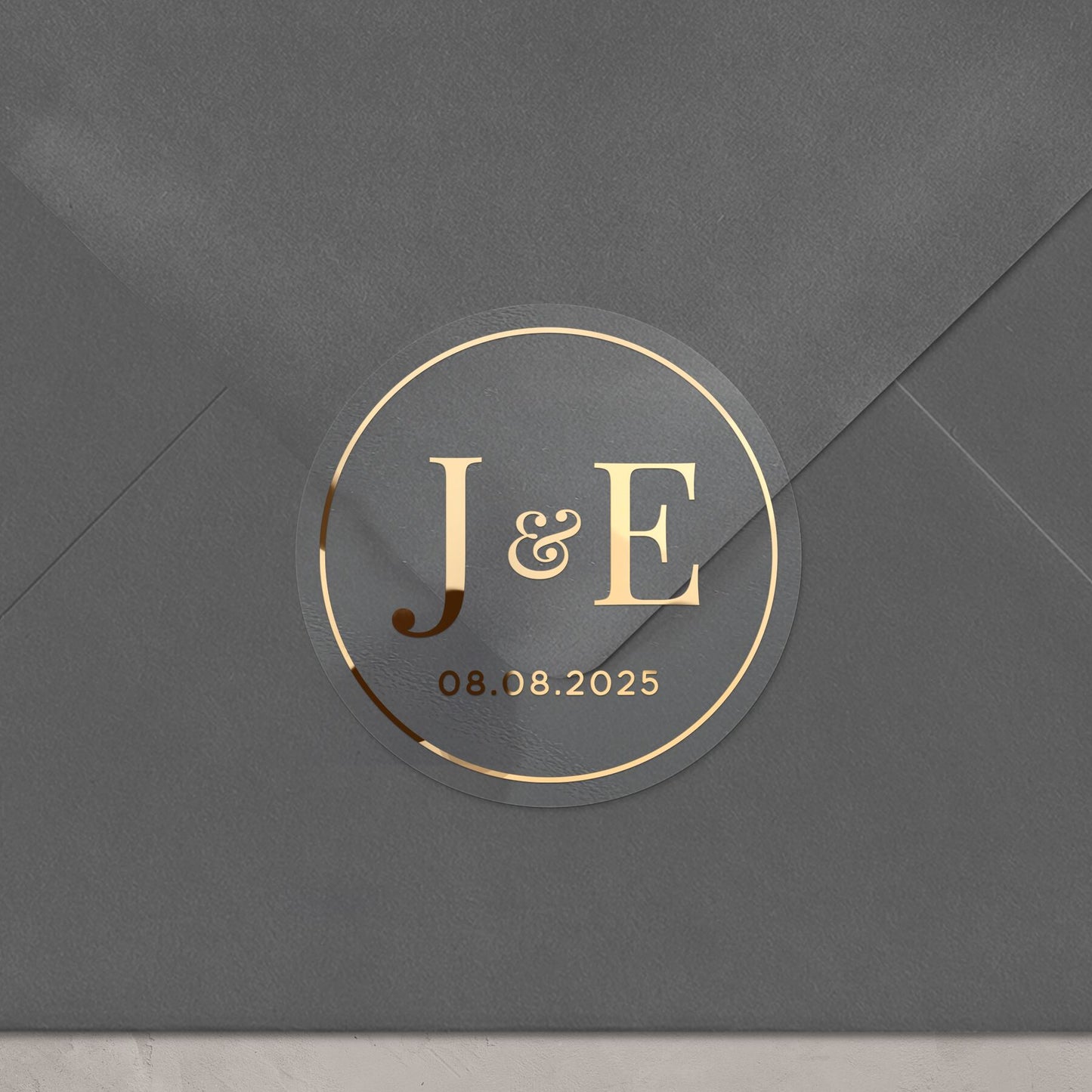 Elegant clear wedding sticker with monogram initials and custom wedding date. 