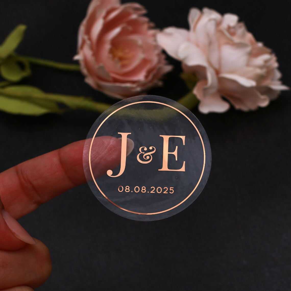 Elegant clear wedding sticker with monogram initials and custom wedding date. 