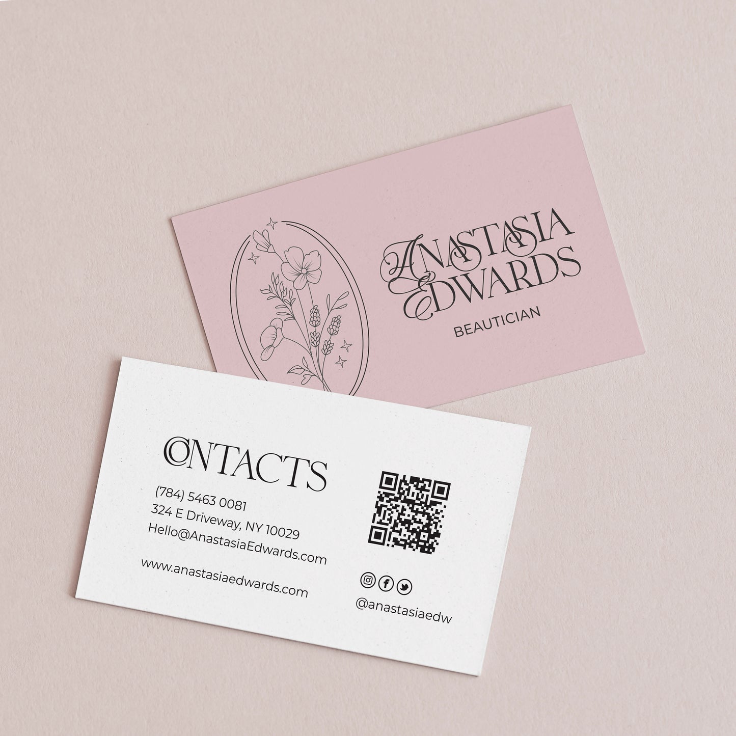 Custom floral-designed business cards with gold text on a white backgroun-XOXOKristen