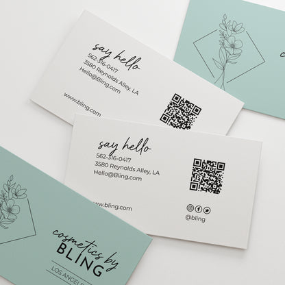 Stylish personalized business cards from XOXOKristen, featuring a floral design, QR code, and a variety of text printing options.