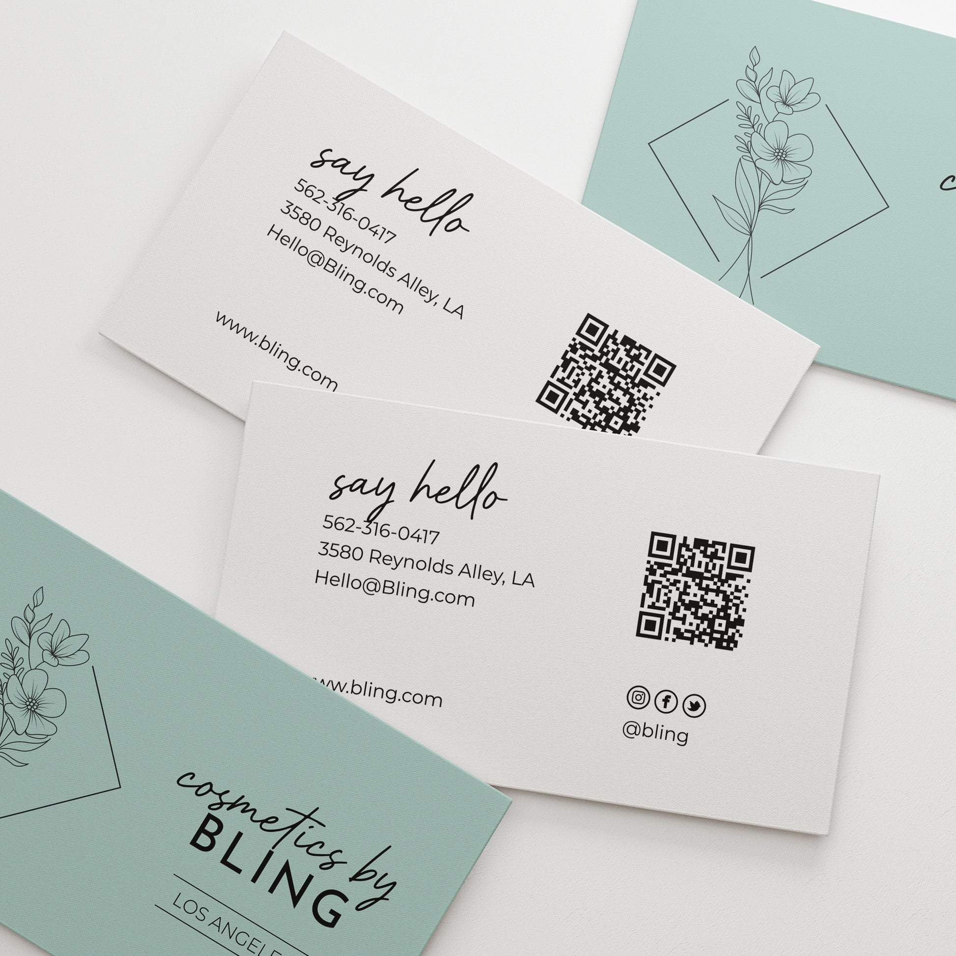 Stylish personalized business cards from XOXOKristen, featuring a floral design, QR code, and a variety of text printing options.