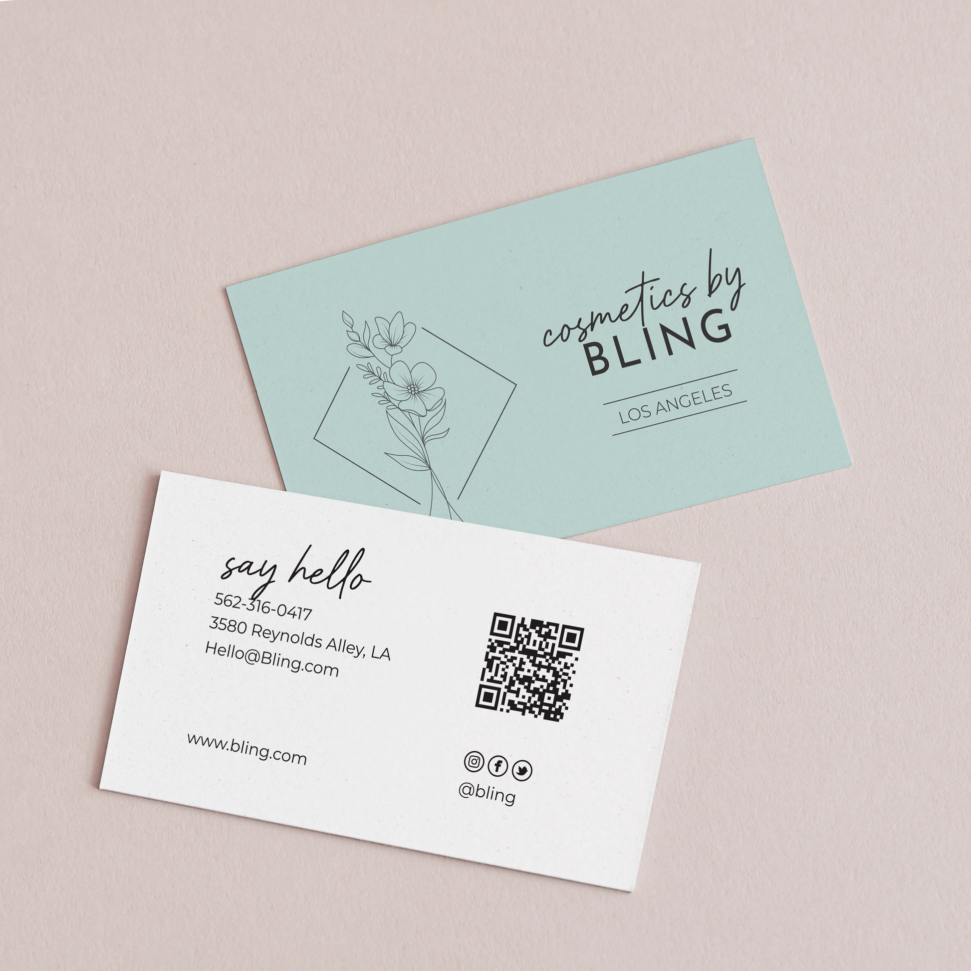 Stylish personalized business cards from XOXOKristen, featuring a floral design, QR code, and a variety of text printing options.