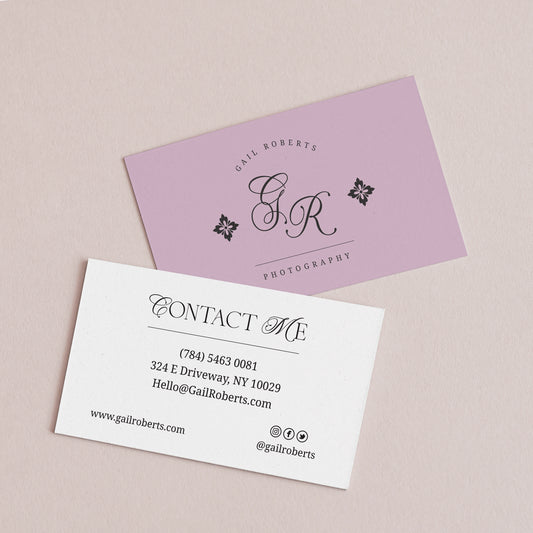 Personalized business cards from XOXOKristen, showcasing elegant monogram design and a variety of luxurious foil text options.