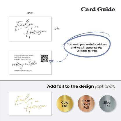 Elegant personalized wedding website cards from XOXOKristen, featuring modern calligraphy and a convenient QR code.