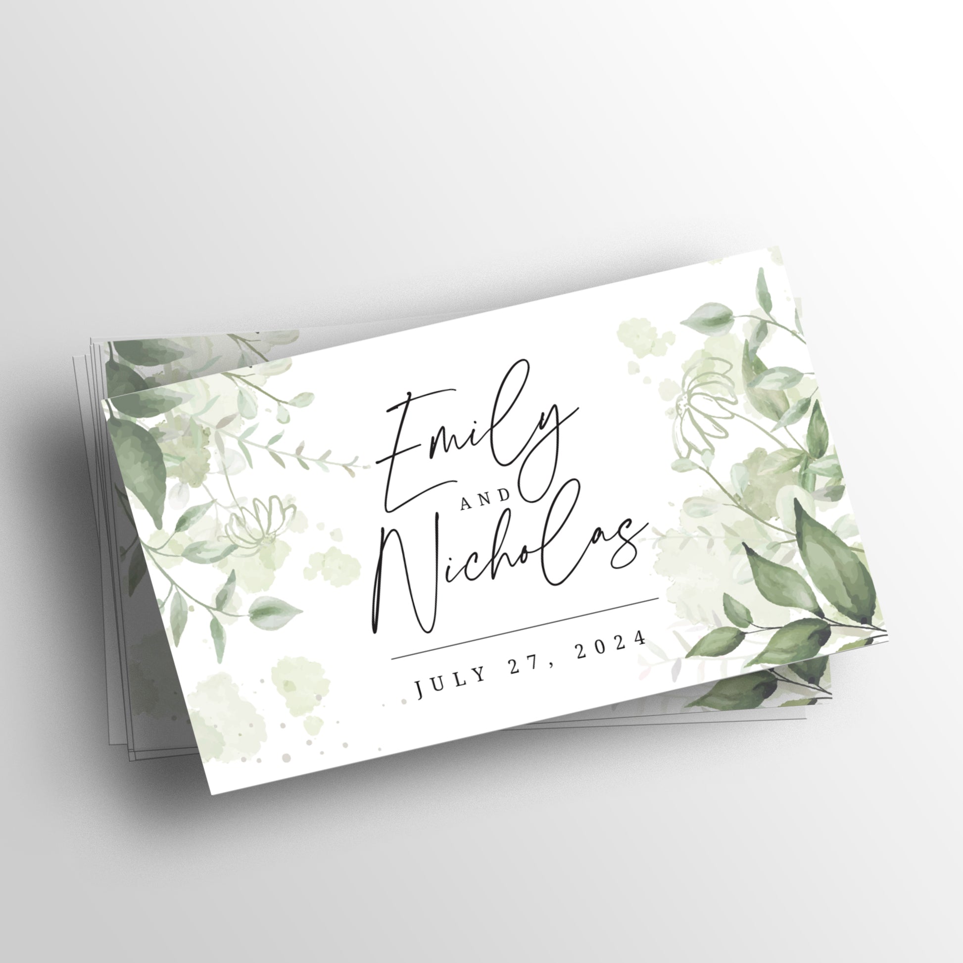 Image of Personalized Wedding Website Card with modern calligraphy and greenery floral design