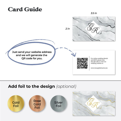 Stylish personalized wedding website cards from XOXOKristen, featuring a modern marble design, elegant calligraphy, and a QR code for easy access to wedding details.