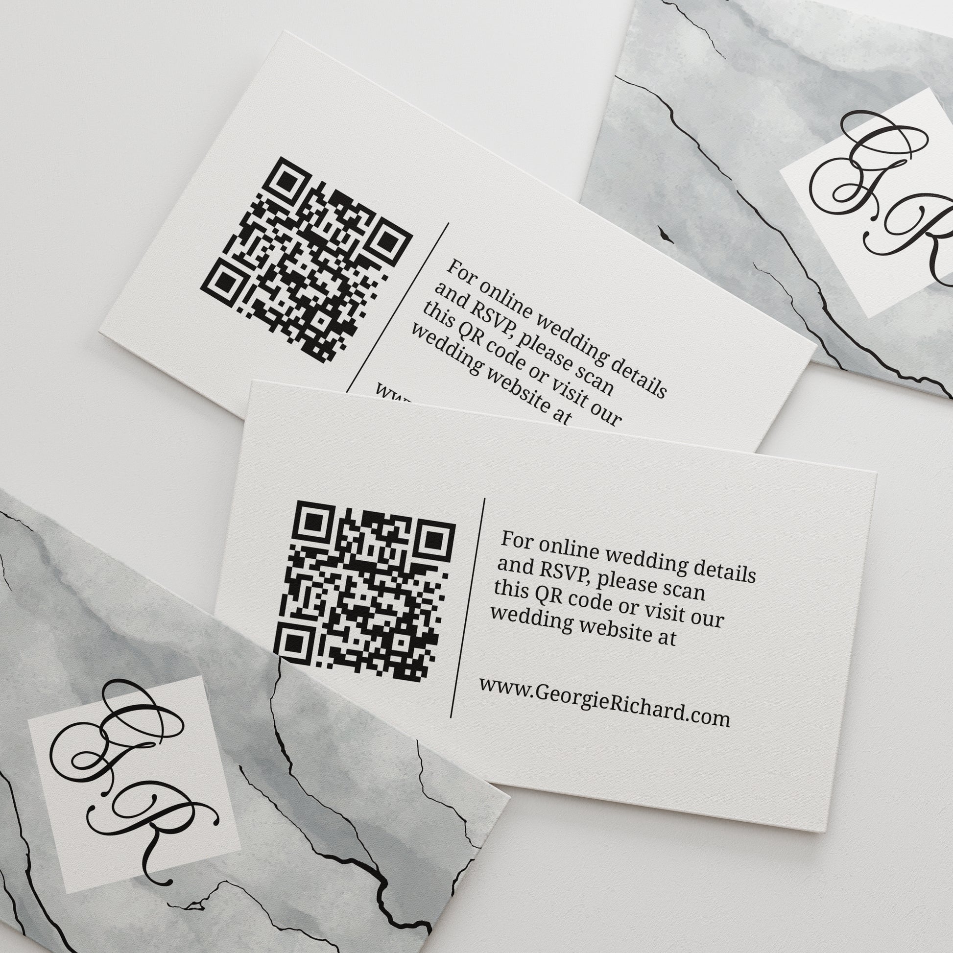 Stylish personalized wedding website cards from XOXOKristen, featuring a modern marble design, elegant calligraphy, and a QR code for easy access to wedding details.