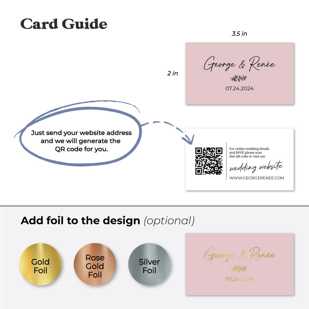 Elegant personalized wedding website cards by XOXOKristen, featuring couple's names in stylish calligraphy, a delicate floral design, and a QR code for quick website access.