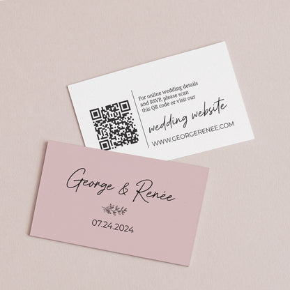 Elegant personalized wedding website cards by XOXOKristen, featuring couple's names in stylish calligraphy, a delicate floral design, and a QR code for quick website access.