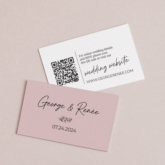 Elegant personalized wedding website cards by XOXOKristen, featuring couple's names in stylish calligraphy, a delicate floral design, and a QR code for quick website access.