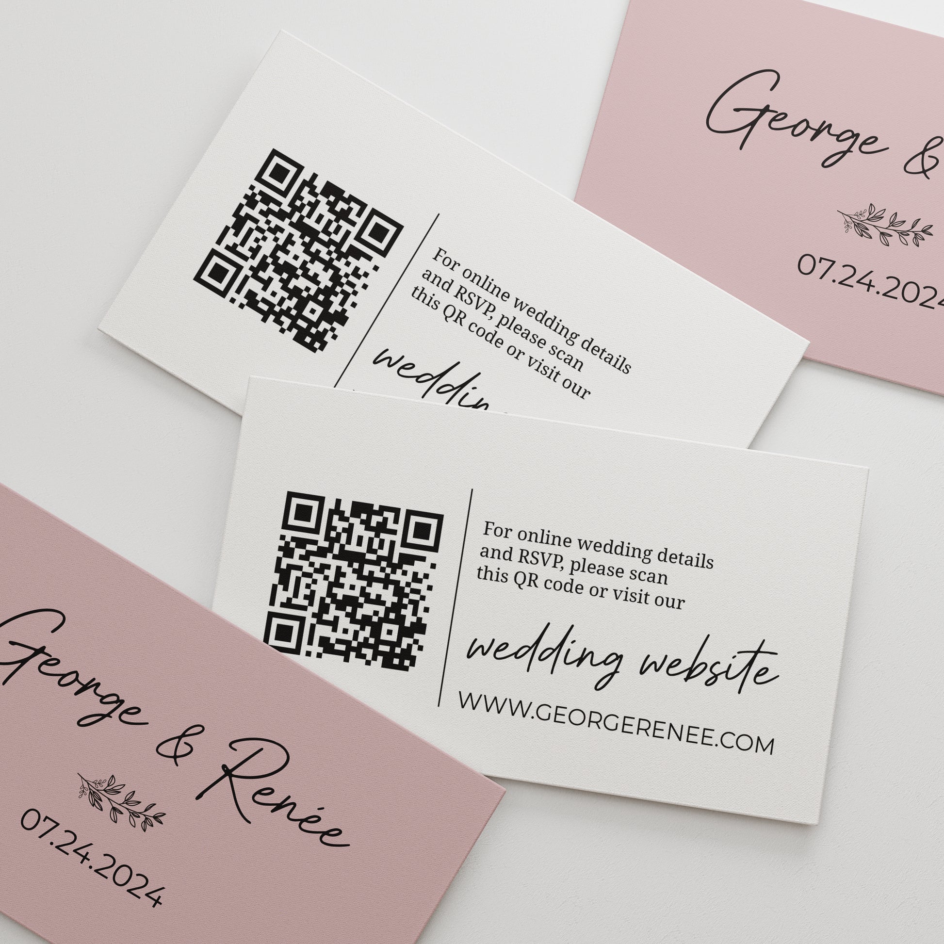 Elegant personalized wedding website cards by XOXOKristen, featuring couple's names in stylish calligraphy, a delicate floral design, and a QR code for quick website access.