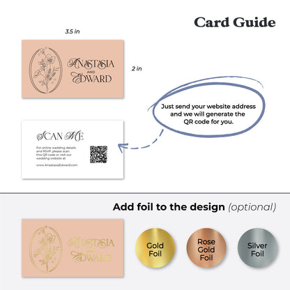 Luxury floral personalized wedding website cards from XOXOKristen, featuring a QR code, stylish calligraphy, and a variety of foil text printing options.