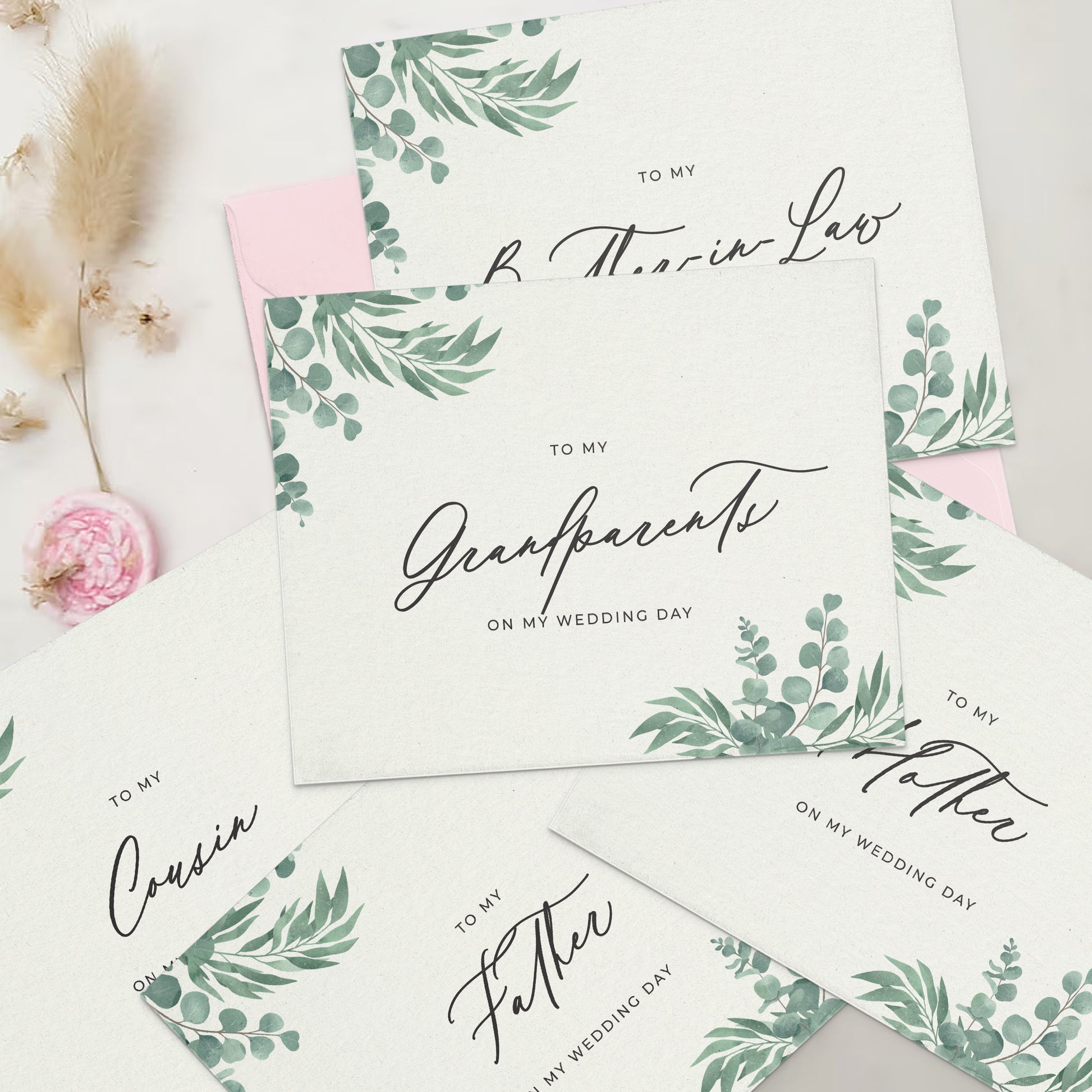 “To my… on my wedding day” note cards collection in greenery design with eucalyptus leaves and calligraphy font from XOXOKristen.