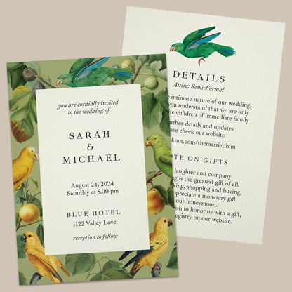 tropical wedding invitations with exotic parrot and trees design - XOXOKristen