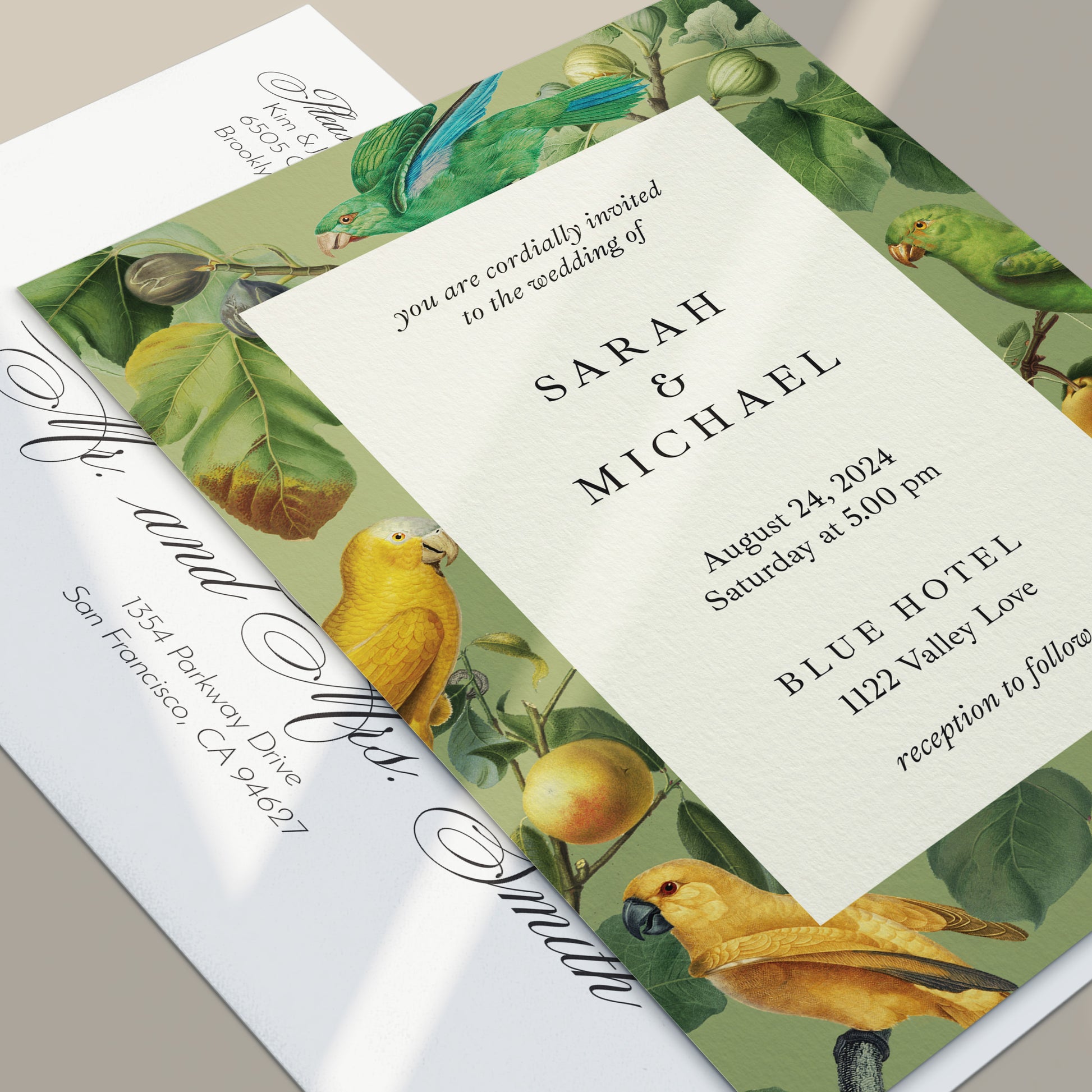 tropical wedding invitations with exotic parrot and trees design - XOXOKristen