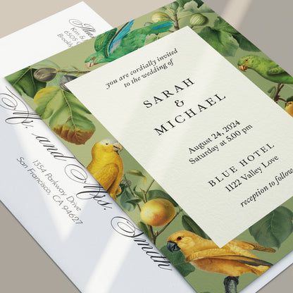 tropical wedding invitations with exotic parrot and trees design - XOXOKristen