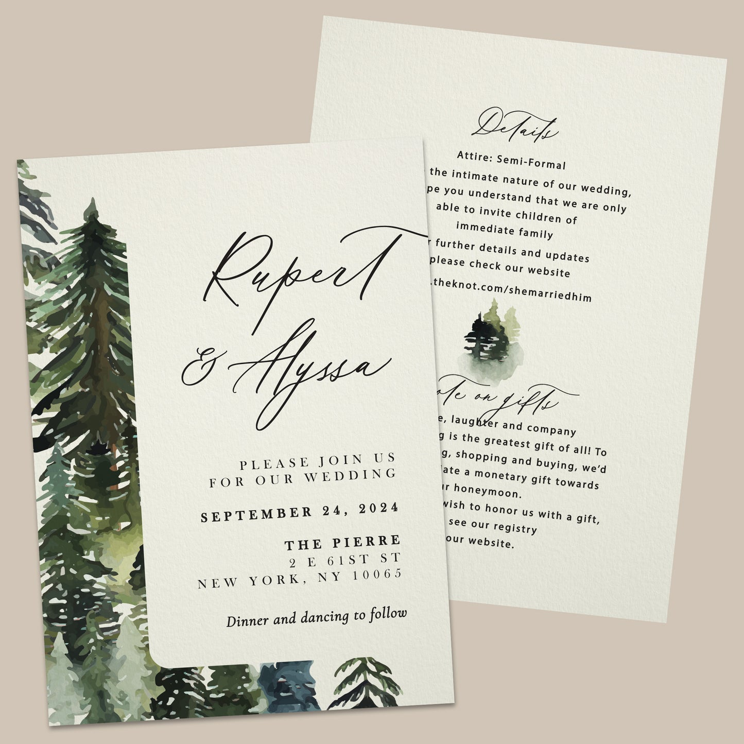 mountaint wedding invitations with watercolor pine tree design and calligraphy font - XOXOKristen