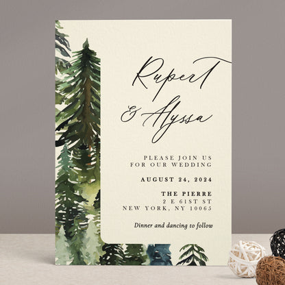 mountaint wedding invitations with watercolor pine tree design and calligraphy font - XOXOKristen