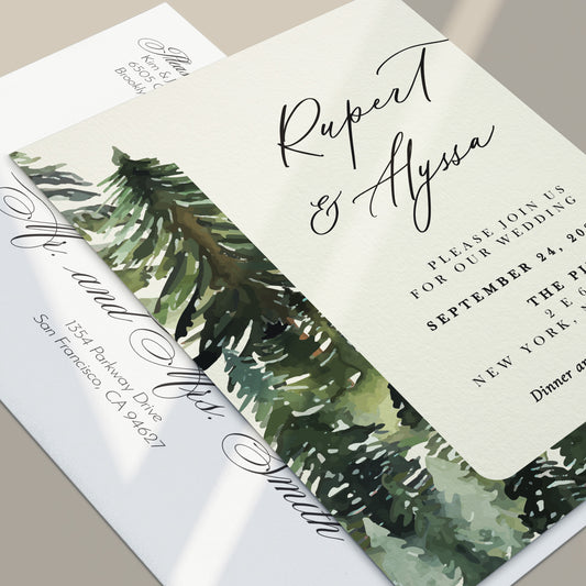 mountaint wedding invitations with watercolor pine tree design and calligraphy font - XOXOKristen