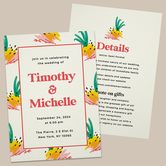 colorful wedding invitations with summer tropical design with abstract pineapples - XOXOKristen