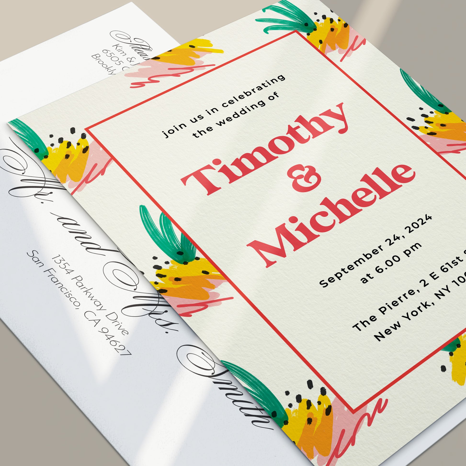 colorful wedding invitations with summer tropical design with abstract pineapples - XOXOKristen