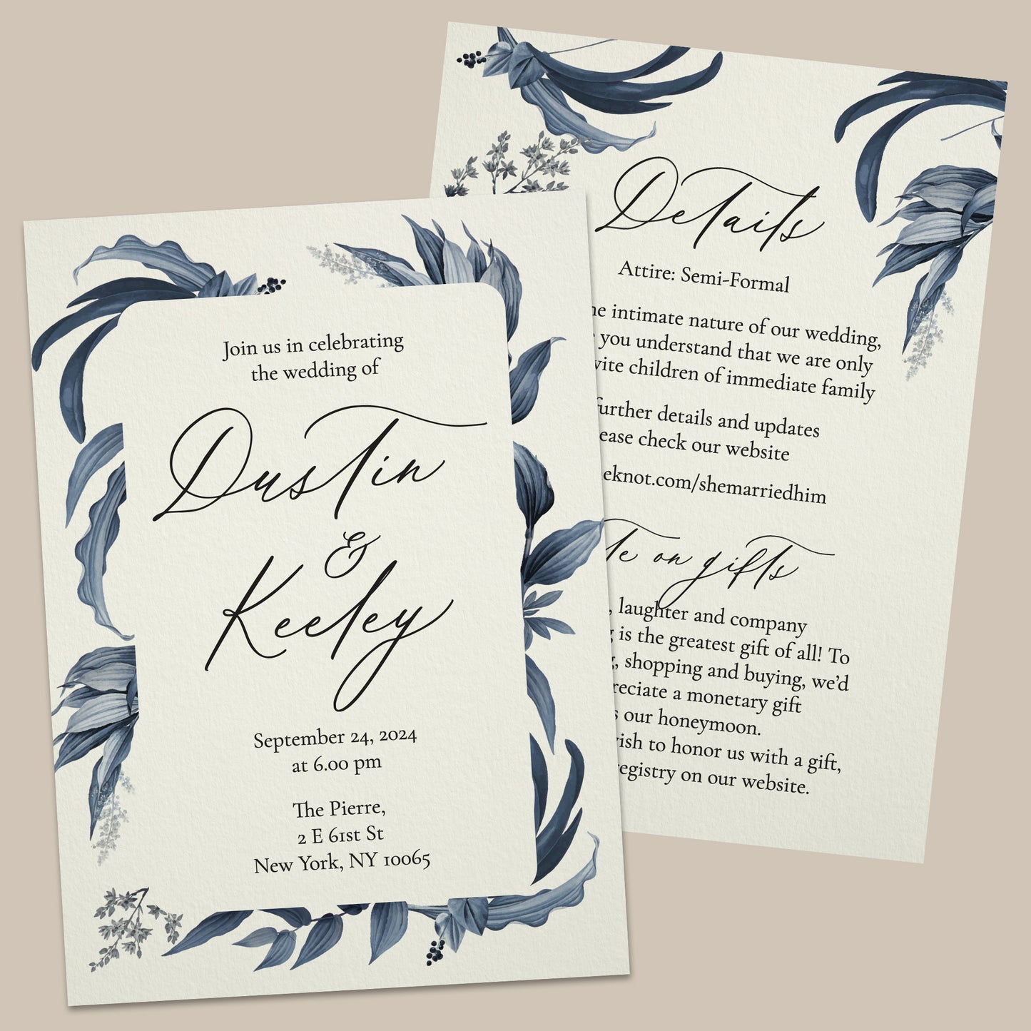 wedding invitations with navy blue floral leaves and calligraphy font - XOXOKristen