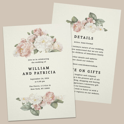wedding invitations with blush pink and white floral bouquet of peonies and roses - XOXOKristen