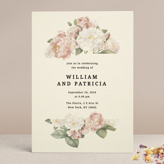 wedding invitations with blush pink and white floral bouquet of peonies and roses - XOXOKristen