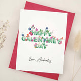 Galentine’s Day greeting card with flower-decorated lettering, red envelope – XOXOKristen