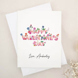 Personalized Happy Valentine’s Day card with floral lettering and white envelope – XOXOKristen