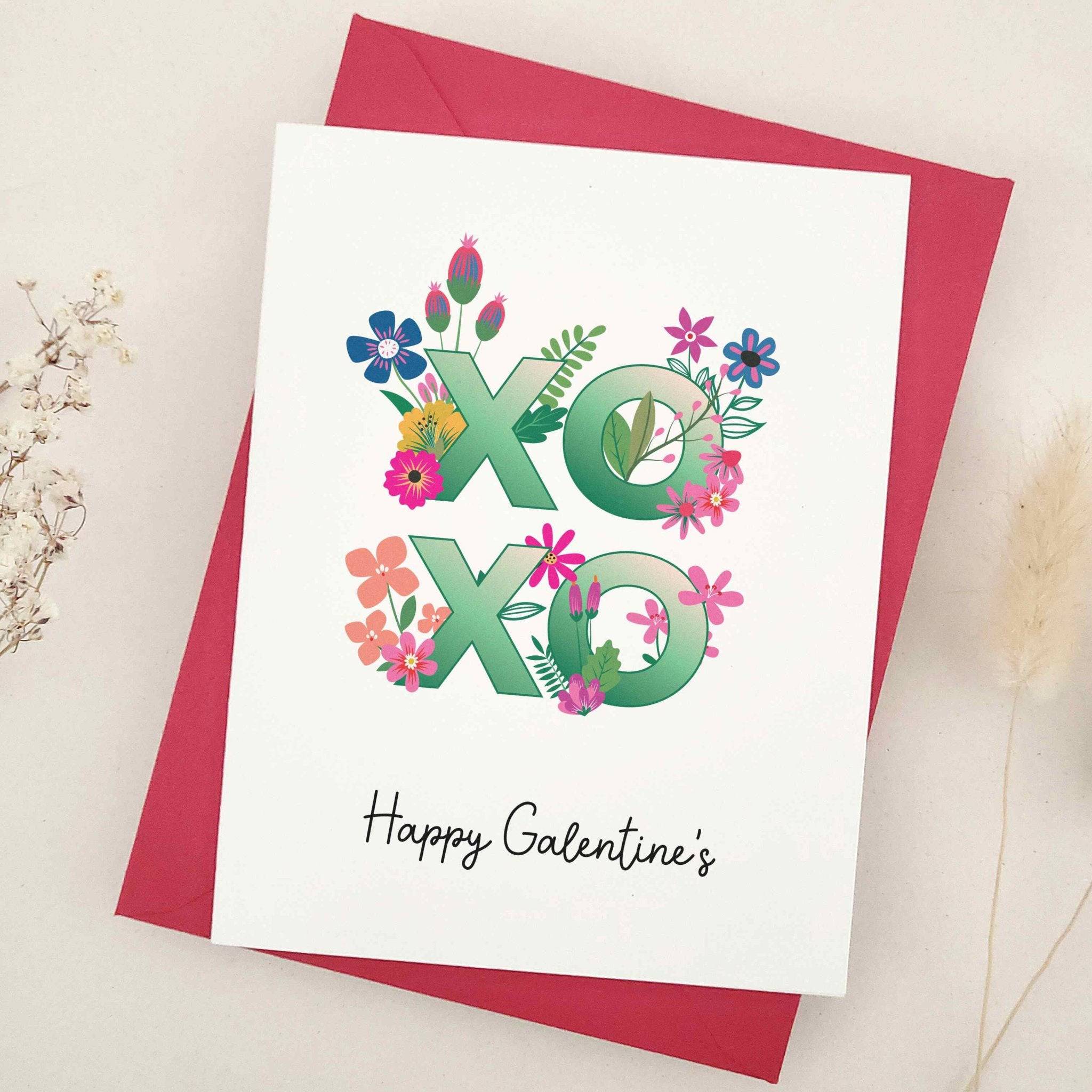 Galentine’s Day card with colorful floral XO XO lettering, red envelope – XOXOKristen