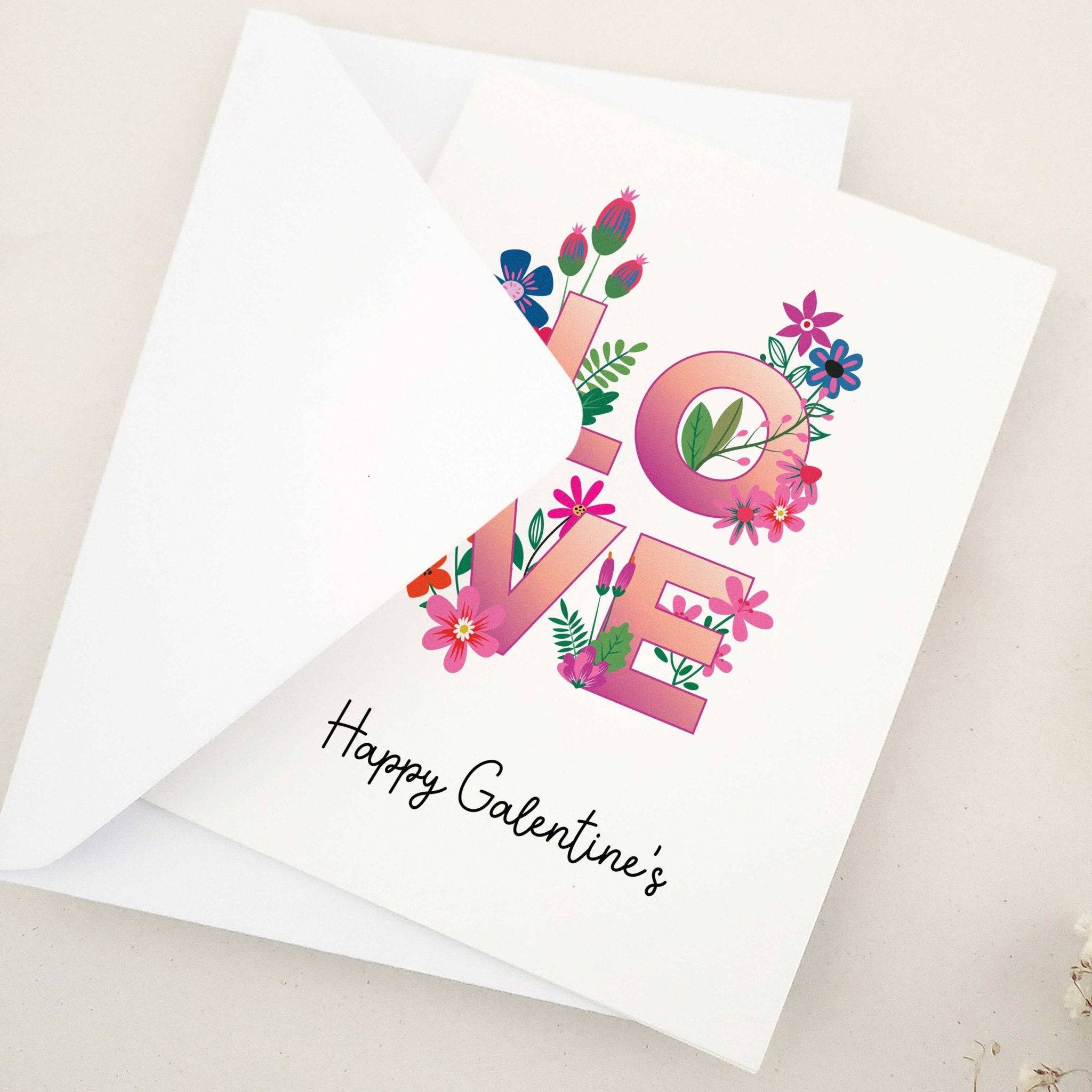 LOVE floral Galentine’s greeting card with Happy Galentine’s script, white envelope – XOXOKristen