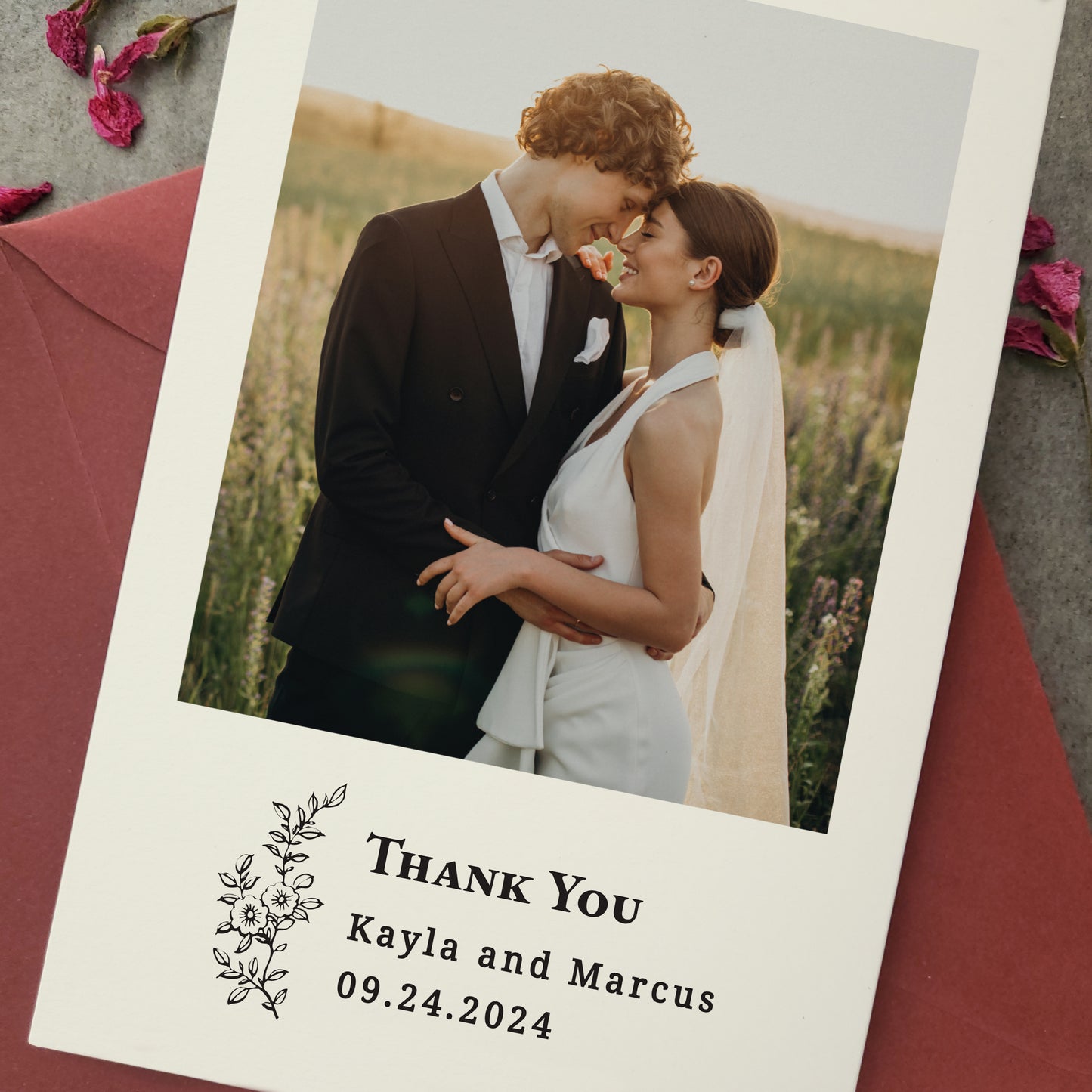 wedding thank you cards with custom photo, names, wedding date and flower branch - XOXOKristen