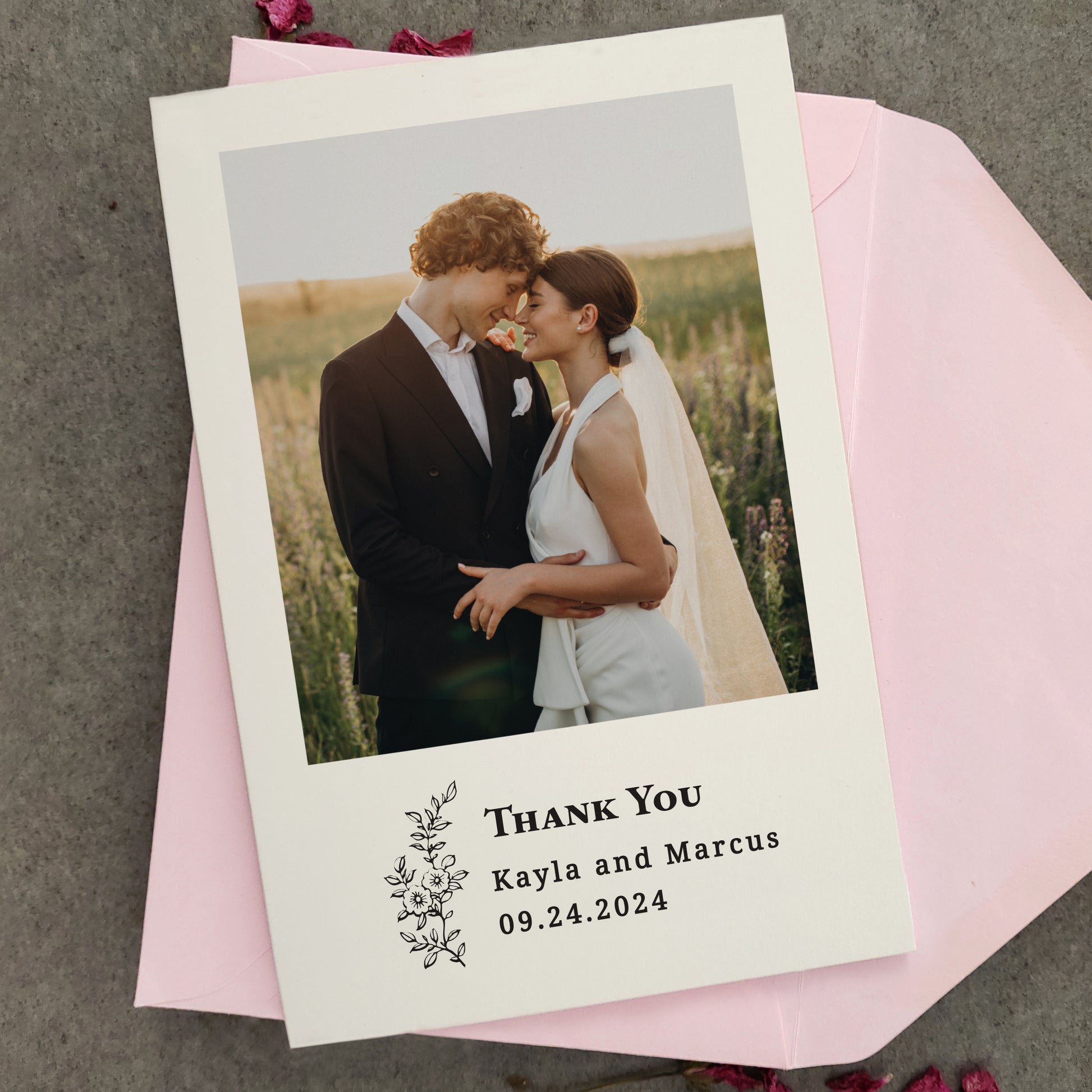 wedding thank you cards with custom photo, names, wedding date and flower branch - XOXOKristen