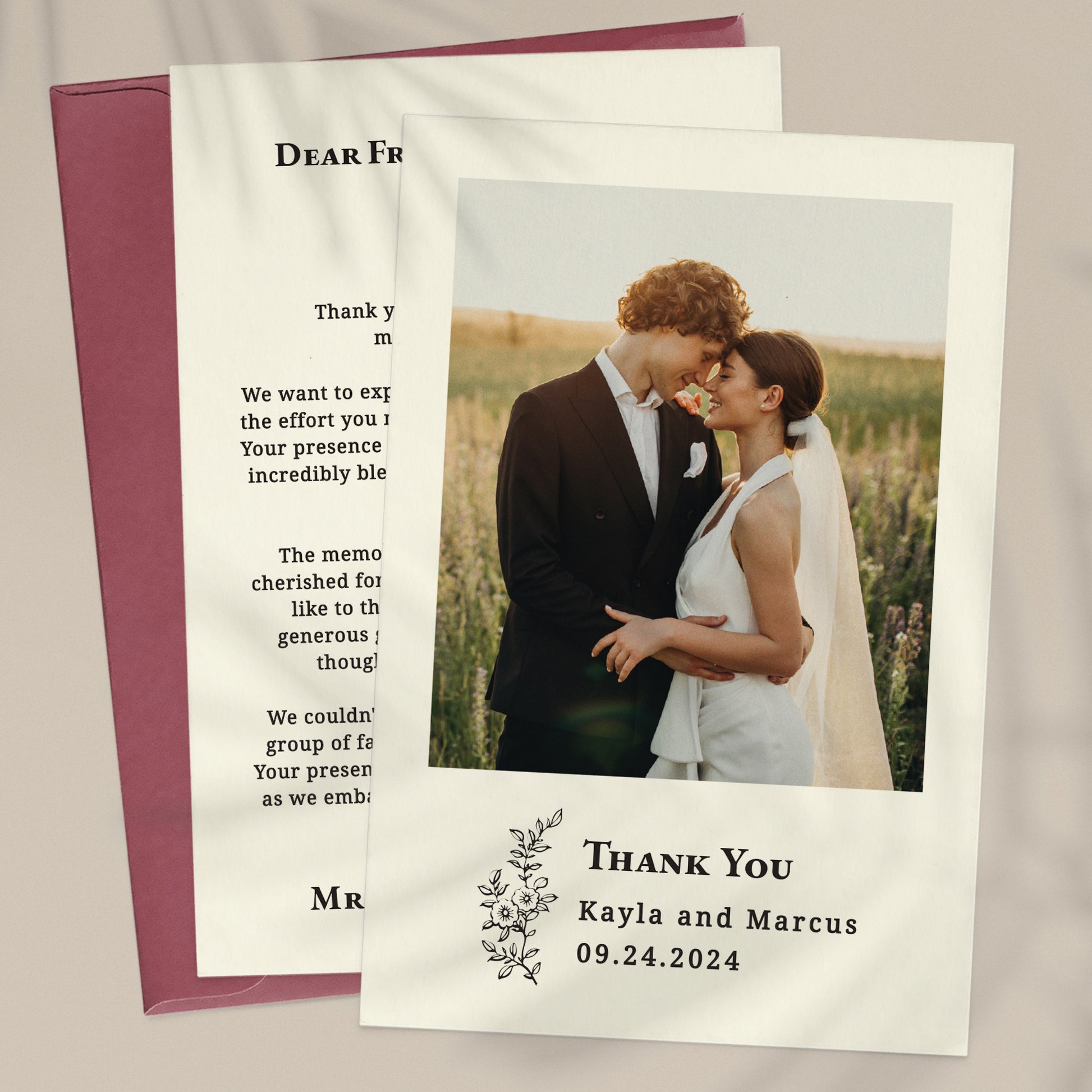 wedding thank you cards with custom photo, names, wedding date and flower branch - XOXOKristen