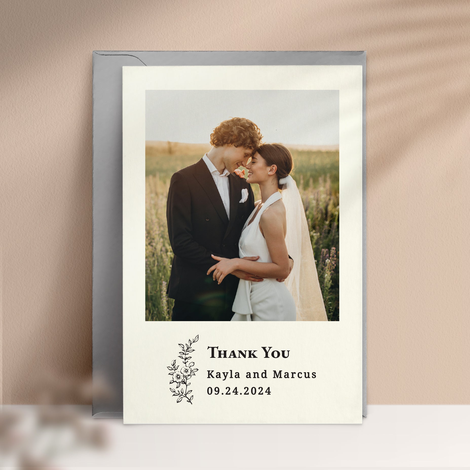 wedding thank you cards with custom photo, names, wedding date and flower branch - XOXOKristen