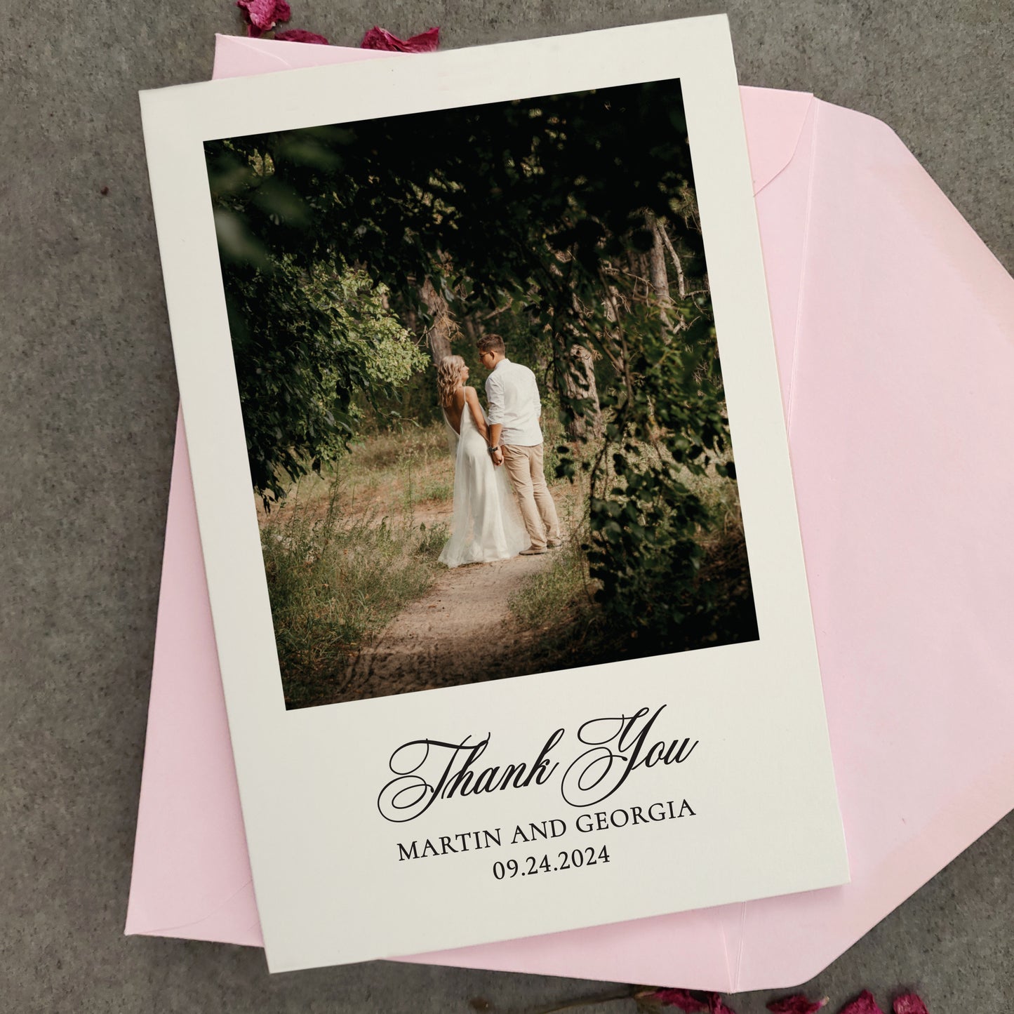 personalized wedding thank you cards with custom photo, names and wedding date with calligraphy font - XOXOKristen