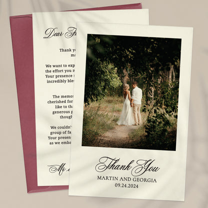 personalized wedding thank you cards with custom photo, names and wedding date with calligraphy font - XOXOKristen