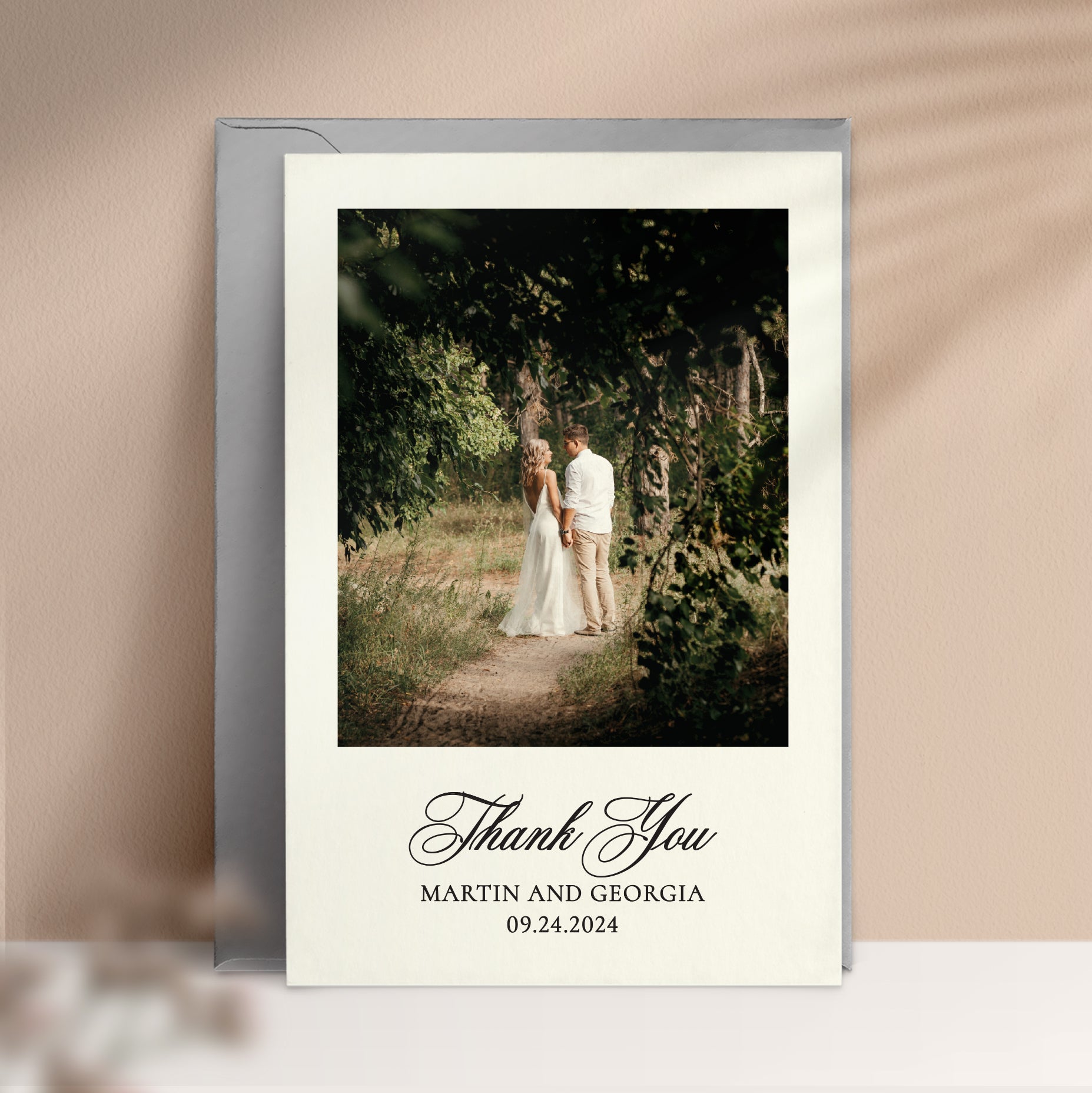 personalized wedding thank you cards with custom photo, names and wedding date with calligraphy font - XOXOKristen