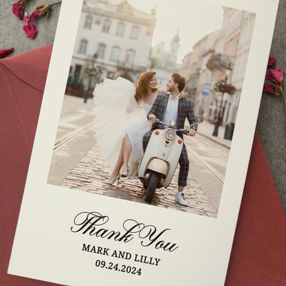 personalized wedding thank you note cards with custom photo, names and wedding date featuring a timeless calligraphy font - XOXOKristen