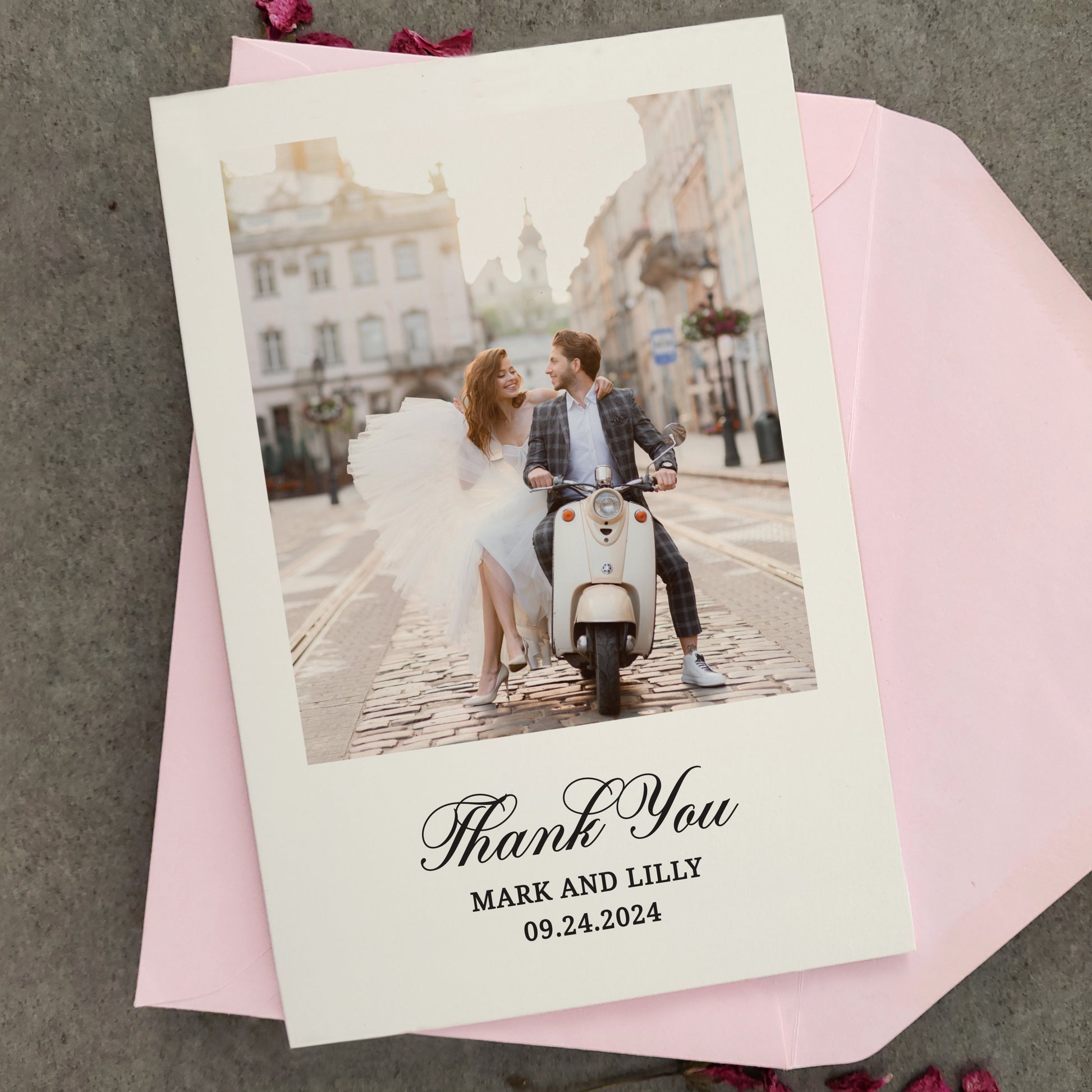 personalized wedding thank you note cards with custom photo, names and wedding date featuring a timeless calligraphy font - XOXOKristen