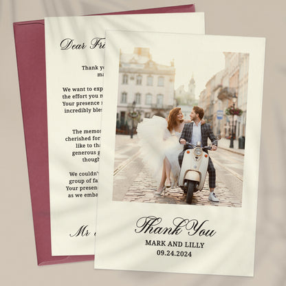 personalized wedding thank you note cards with custom photo, names and wedding date featuring a timeless calligraphy font - XOXOKristen