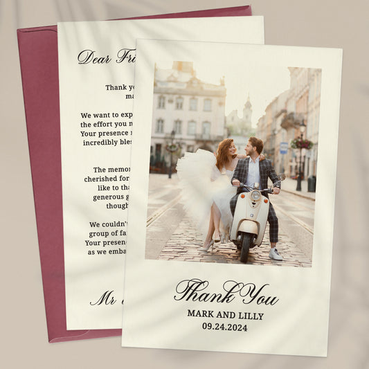 personalized wedding thank you note cards with custom photo, names and wedding date featuring a timeless calligraphy font - XOXOKristen