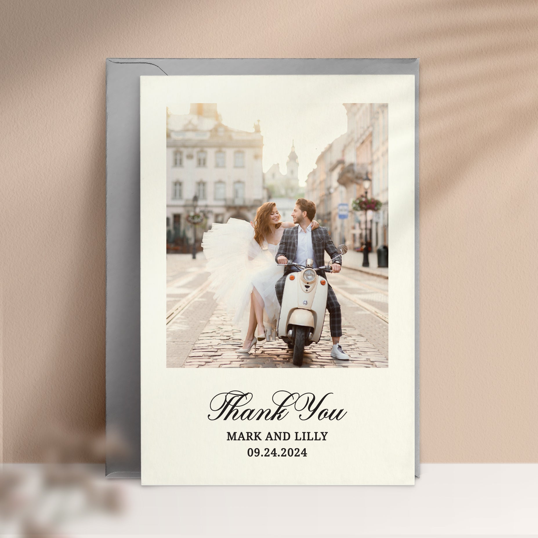 personalized wedding thank you note cards with custom photo, names and wedding date featuring a timeless calligraphy font - XOXOKristen