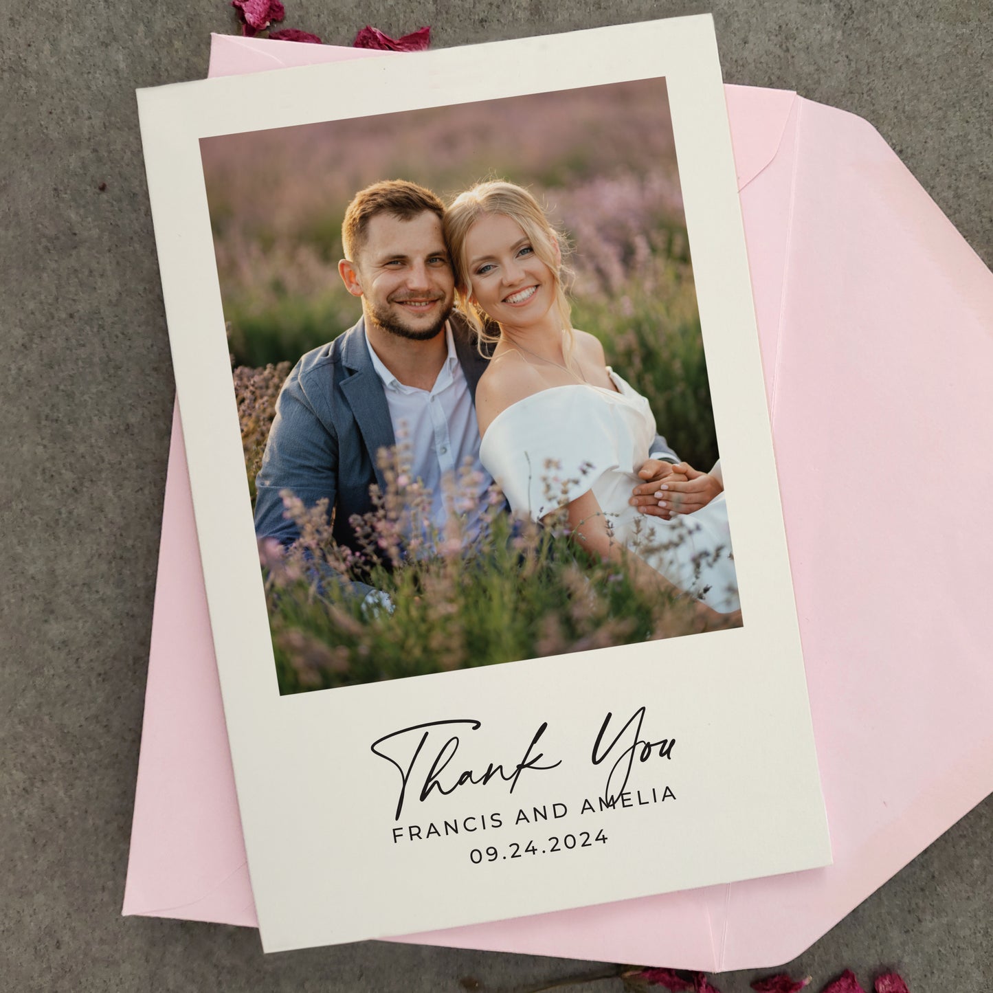 personalized wedding thank you note card with custom photo, names and wedding date featuring a modern calligraphy font - XOXOKristen