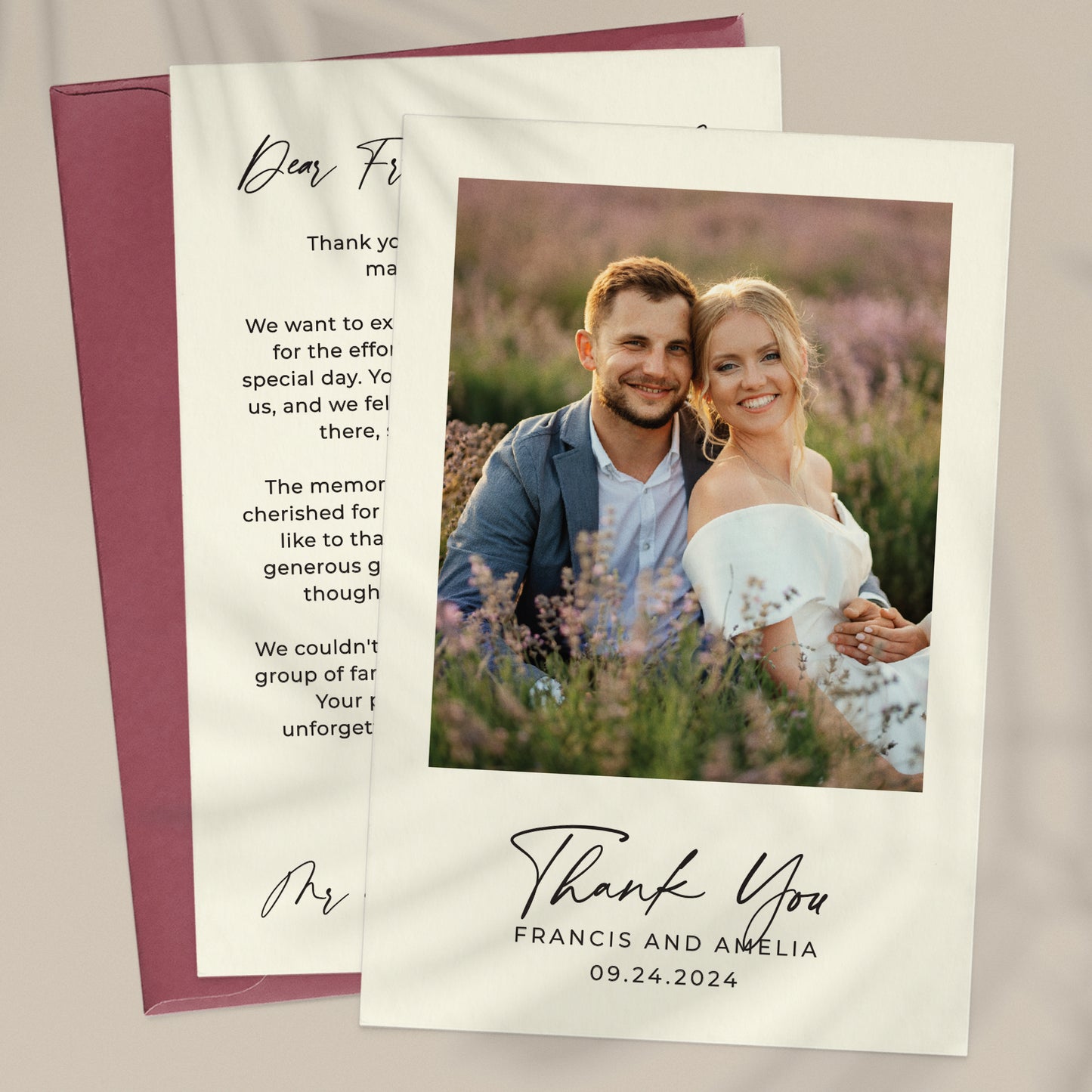 personalized wedding thank you note card with custom photo, names and wedding date featuring a modern calligraphy font - XOXOKristen